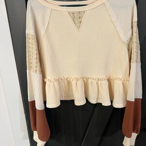 Altar'd State Cream and Brown Ruffle Blouse